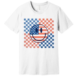 Retro Smiley Face American Flag 4th Of July Patriotic Premium T-Shirt