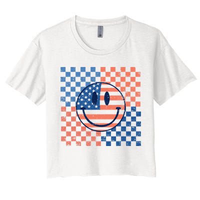 Retro Smiley Face American Flag 4th Of July Patriotic Crop Top