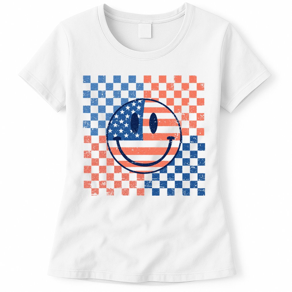 Retro Smiley Face American Flag 4th Of July Patriotic Womens T-Shirt