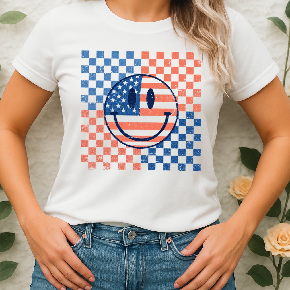 Retro Smiley Face American Flag 4th Of July Patriotic Womens T-Shirt