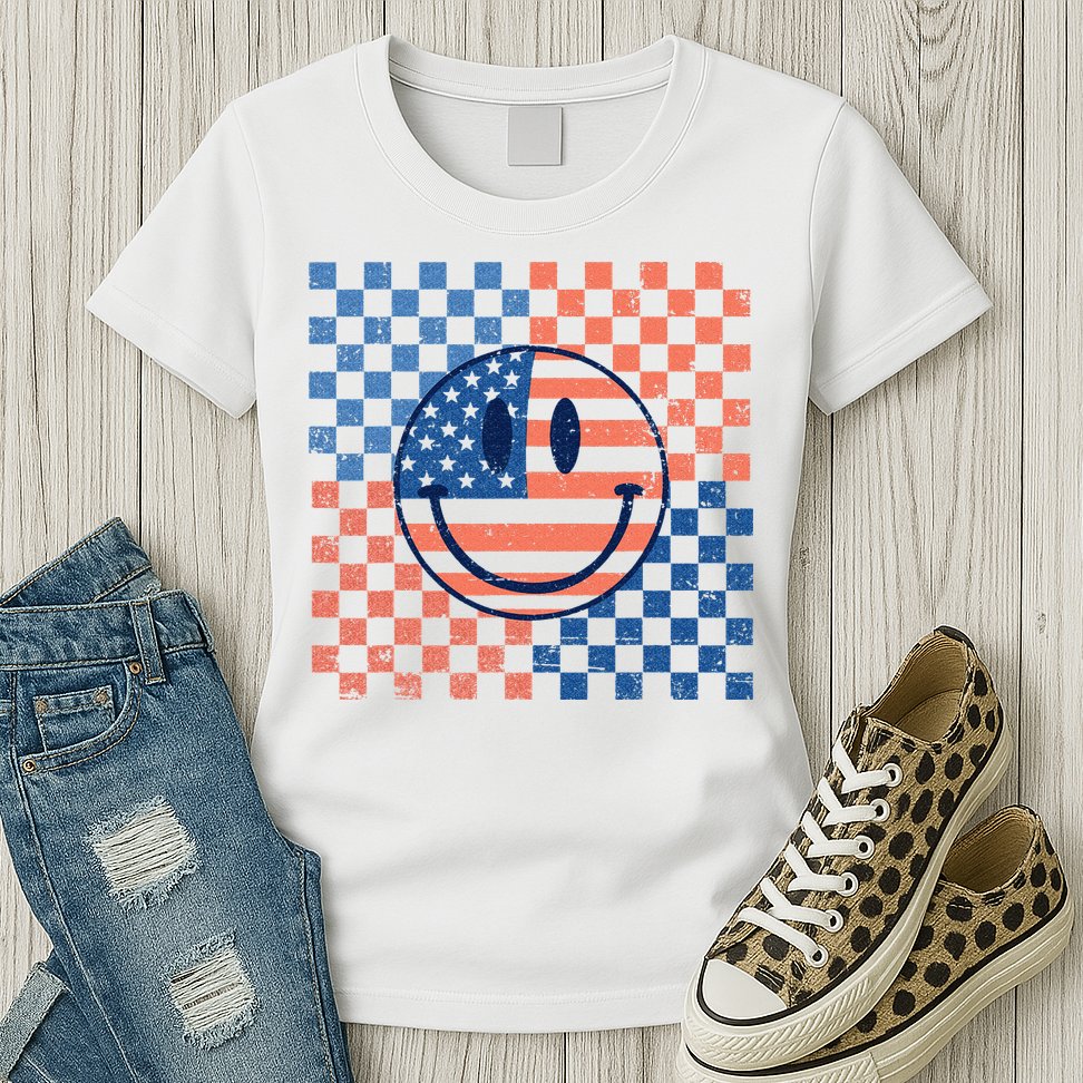 Retro Smiley Face American Flag 4th Of July Patriotic Womens T-Shirt