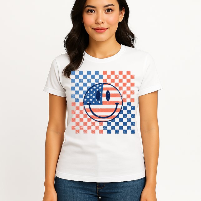 Retro Smiley Face American Flag 4th Of July Patriotic Womens T-Shirt