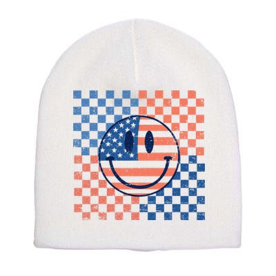 Retro Smiley Face American Flag 4th Of July Patriotic Short Acrylic Beanie
