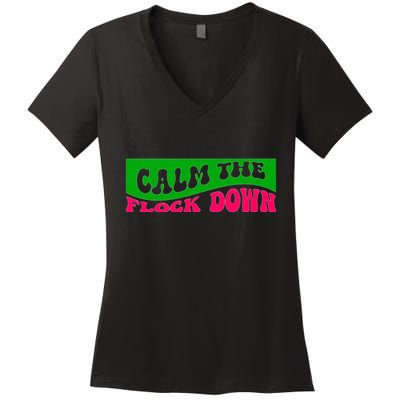 Retro Sassy Flamingo , Calm The Fl Women's V-Neck T-Shirt