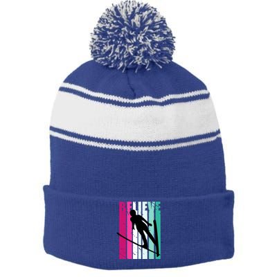 Retro Slalom Female Skier Skiing Jumping Alpine Ski Gift Stripe Pom Pom Beanie