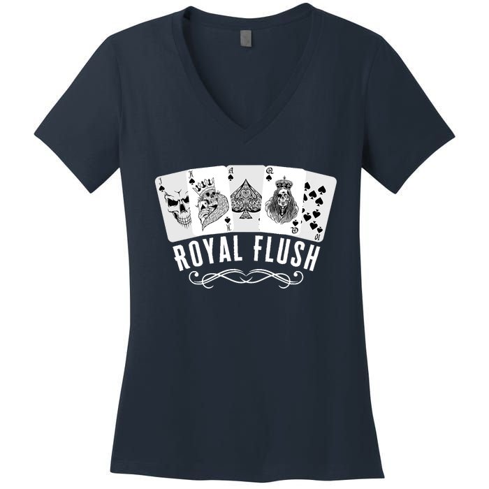 Royal Spade Flush Skeleton King Queen Spades Poker Gift Women's V-Neck T-Shirt