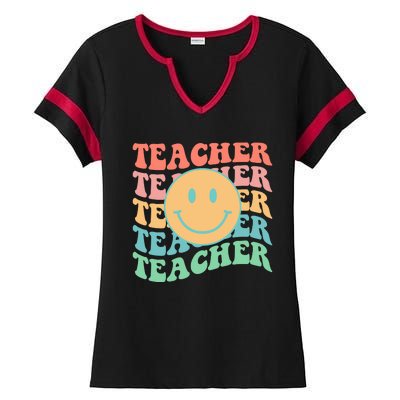 Retro Smiley Face Teacher Colorful Ladies Halftime Notch Neck Tee