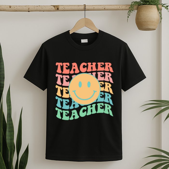 Retro Smiley Face Teacher Colorful T-Shirt