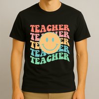 Retro Smiley Face Teacher Colorful T-Shirt