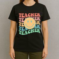 Retro Smiley Face Teacher Colorful T-Shirt
