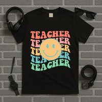 Retro Smiley Face Teacher Colorful T-Shirt