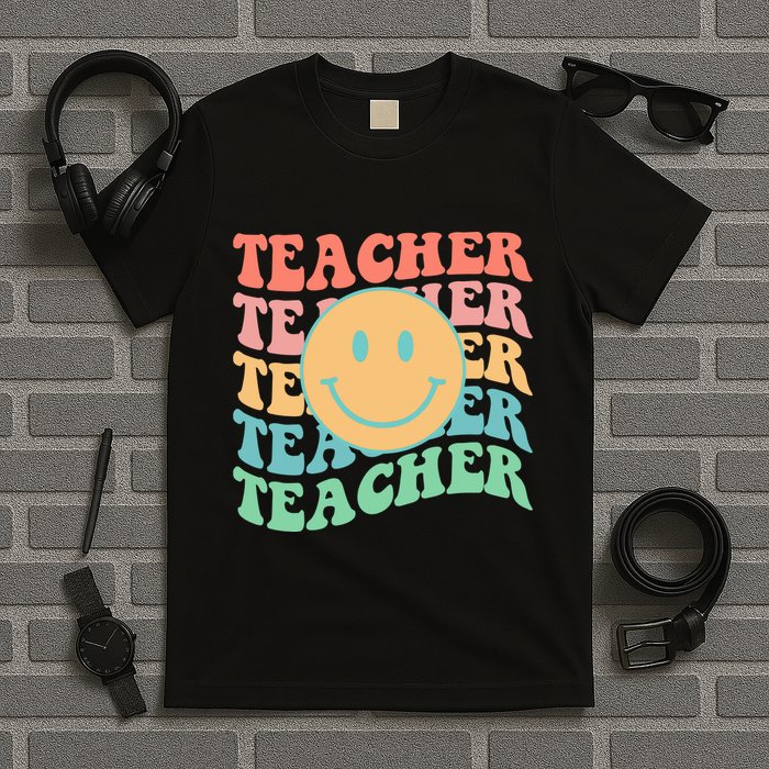 Retro Smiley Face Teacher Colorful T-Shirt