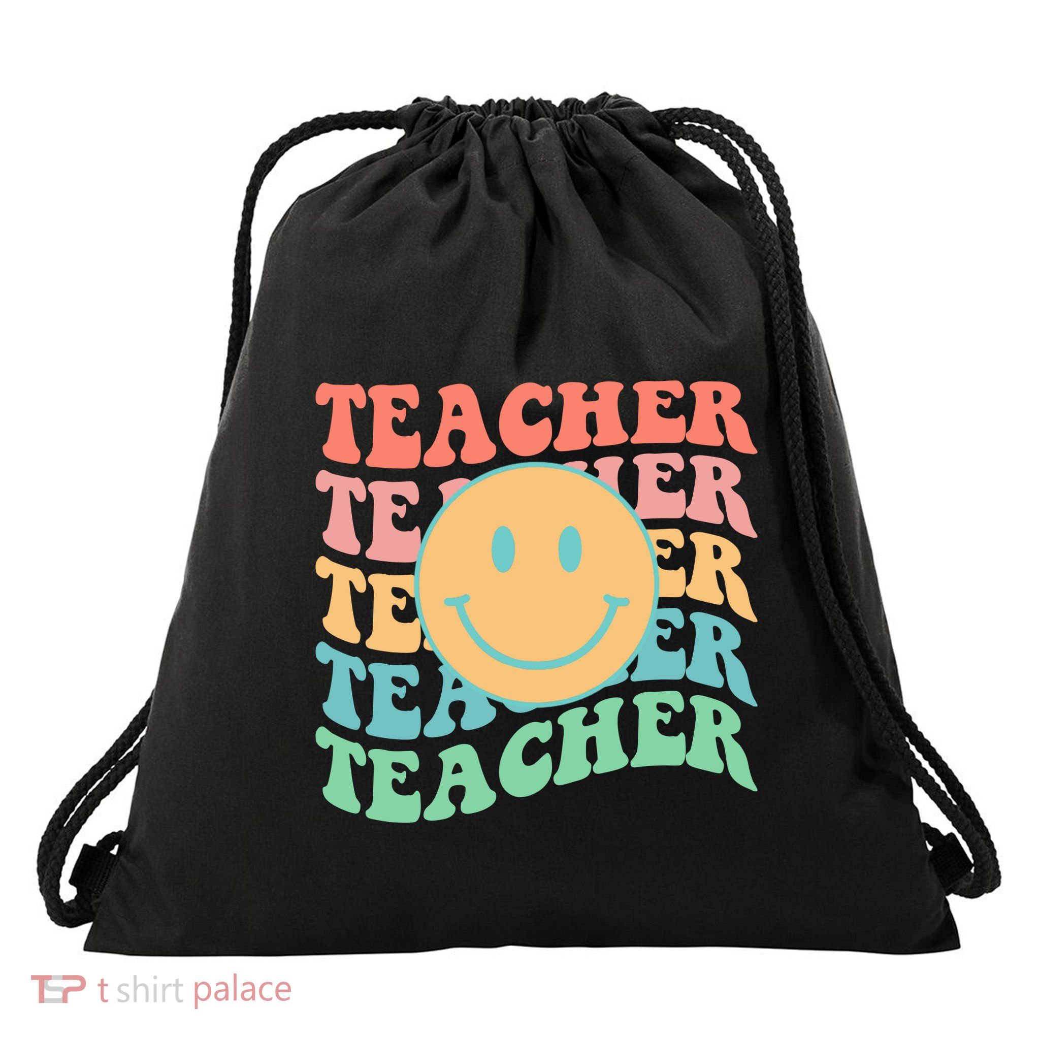 Retro Smiley Face Teacher Colorful Drawstring Bag