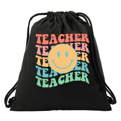 Retro Smiley Face Teacher Colorful Drawstring Bag