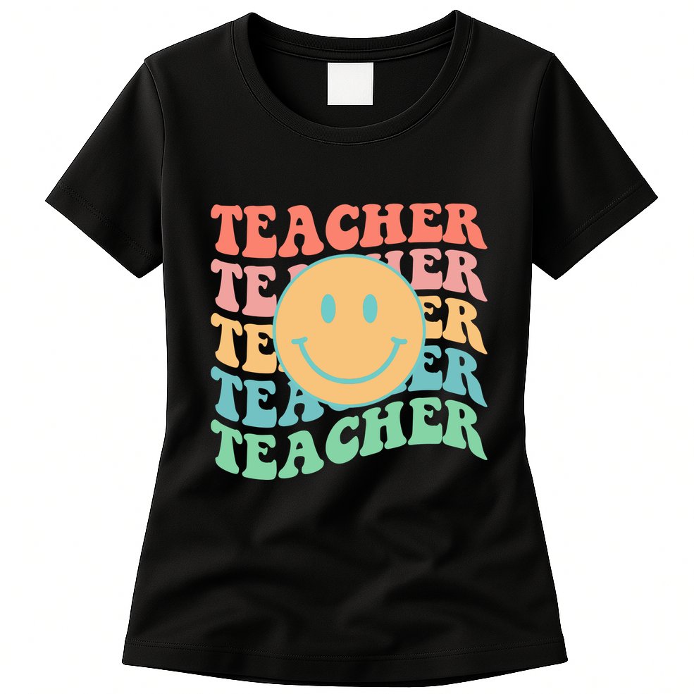 Retro Smiley Face Teacher Colorful Womens T-Shirt