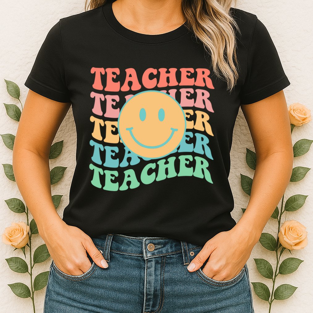 Retro Smiley Face Teacher Colorful Womens T-Shirt
