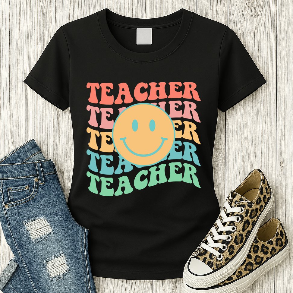 Retro Smiley Face Teacher Colorful Womens T-Shirt