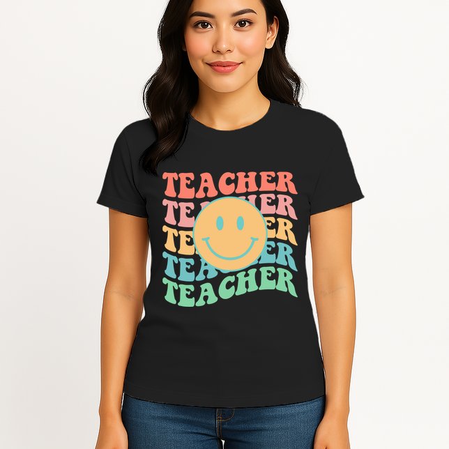 Retro Smiley Face Teacher Colorful Womens T-Shirt