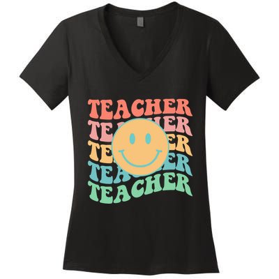 Retro Smiley Face Teacher Colorful Women's V-Neck T-Shirt