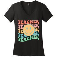 Retro Smiley Face Teacher Colorful Women's V-Neck T-Shirt