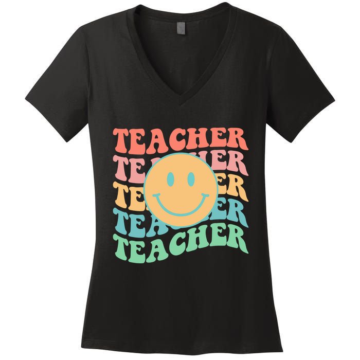 Retro Smiley Face Teacher Colorful Women's V-Neck T-Shirt