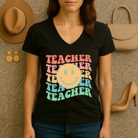 Retro Smiley Face Teacher Colorful Women's V-Neck T-Shirt