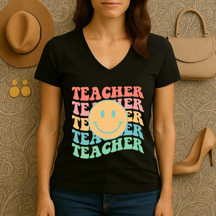 Retro Smiley Face Teacher Colorful Women's V-Neck T-Shirt