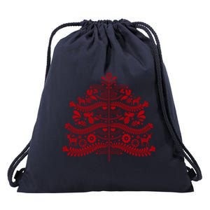 Red Scandinavian Folk Art Style Christmas Tree Design Gift Drawstring Bag