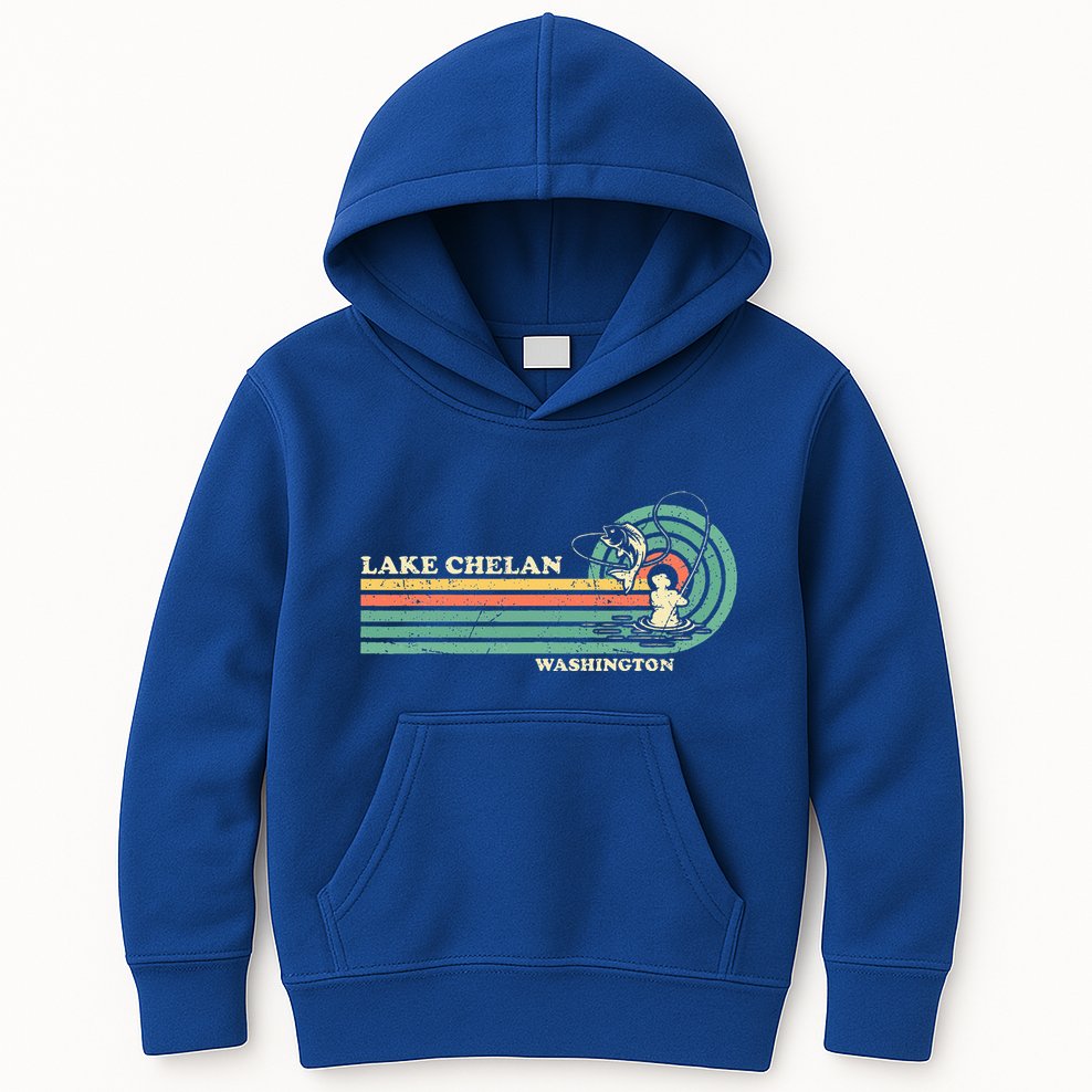 Retro Summer Fishing Washington Chelan Lake Kids Hoodie