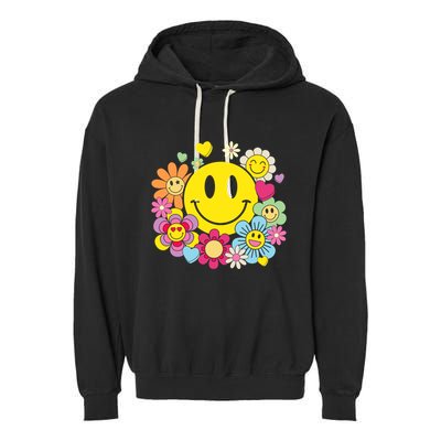 Retro Smile Face Flower Happy Face Flowers Heart Girl Garment-Dyed Fleece Hoodie