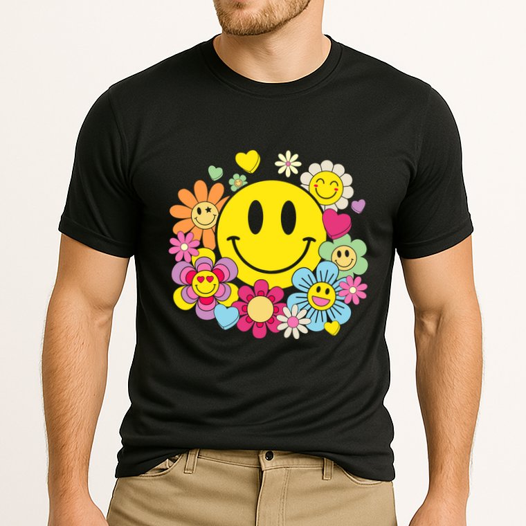 Retro Smile Face Flower Happy Face Flowers Heart Girl Cooling Performance Crew T-Shirt