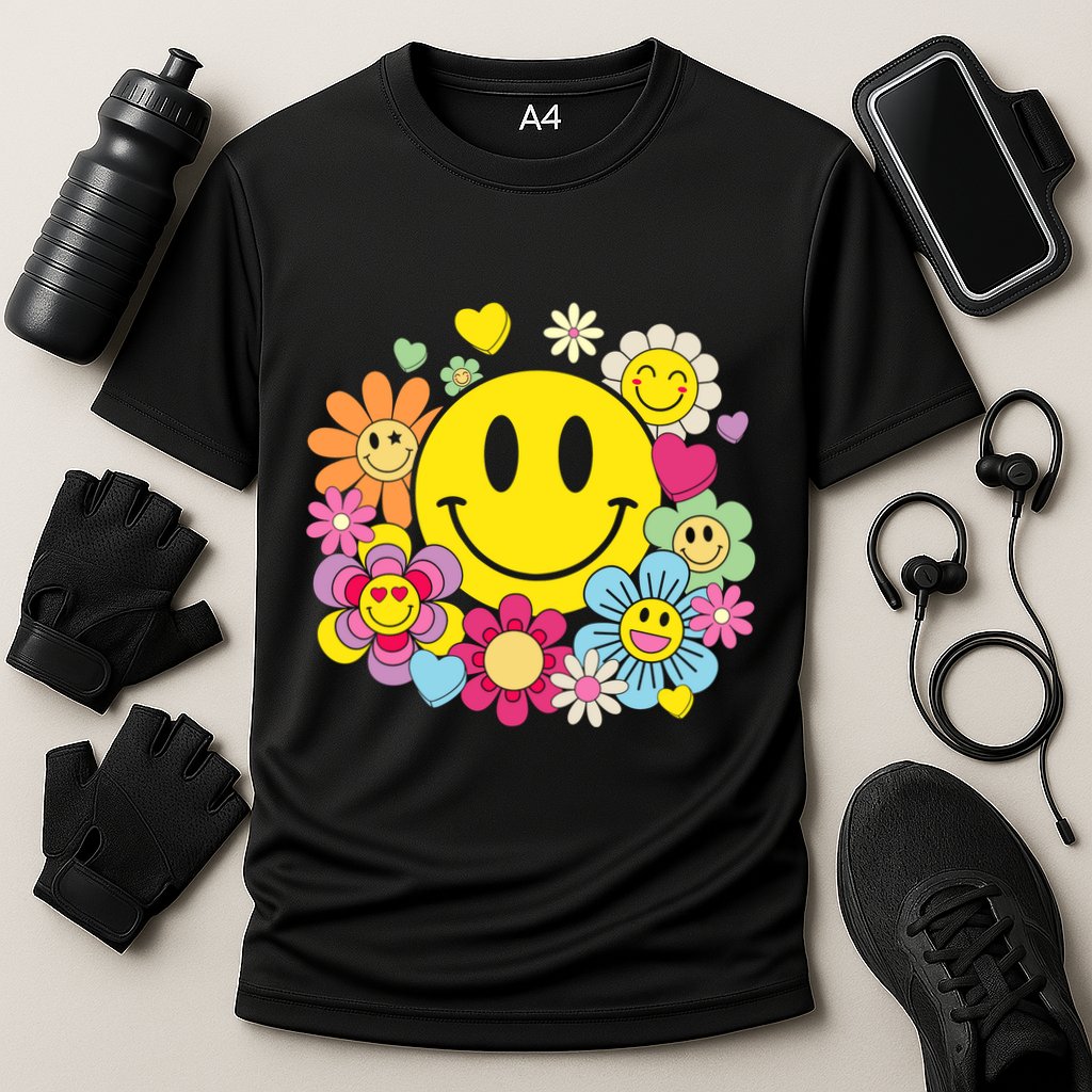 Retro Smile Face Flower Happy Face Flowers Heart Girl Cooling Performance Crew T-Shirt