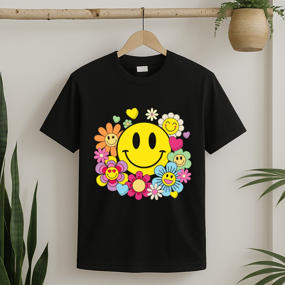 Retro Smile Face Flower Happy Face Flowers Heart Girl T-Shirt