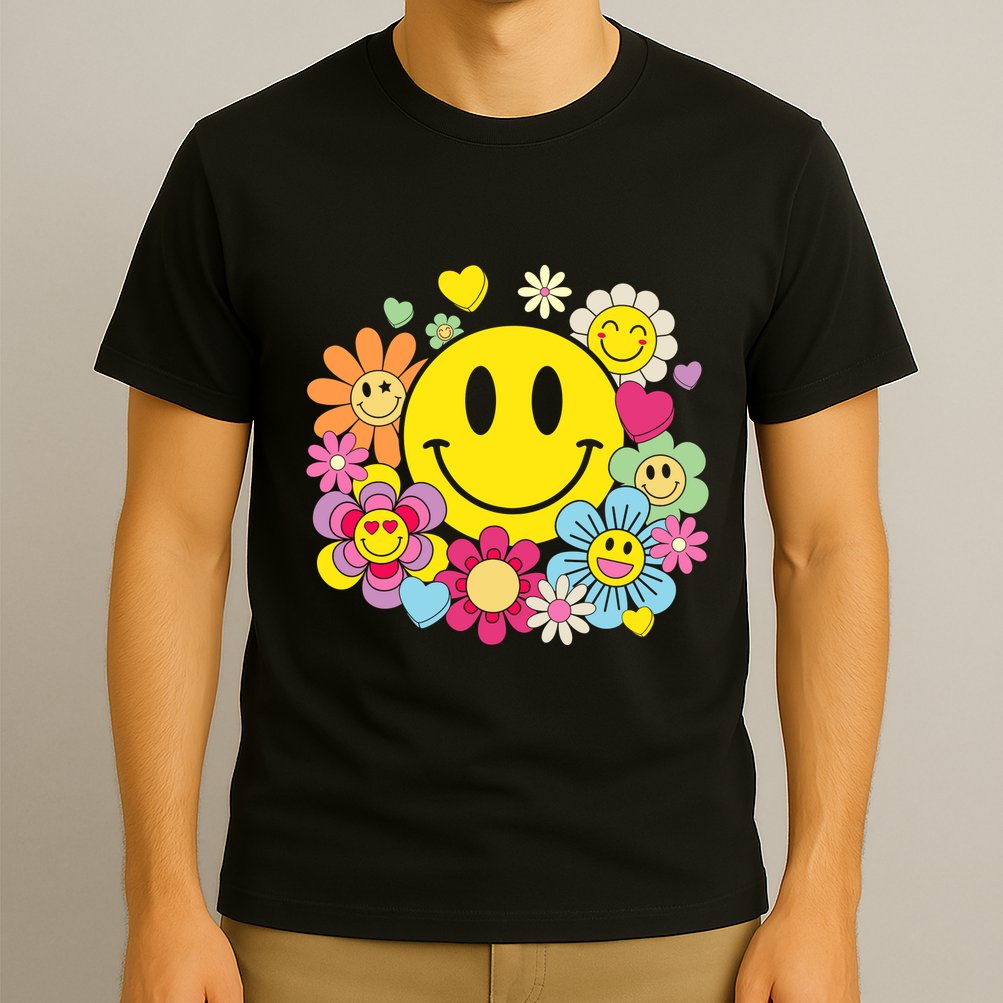 Retro Smile Face Flower Happy Face Flowers Heart Girl T-Shirt