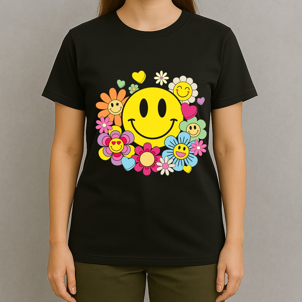 Retro Smile Face Flower Happy Face Flowers Heart Girl T-Shirt