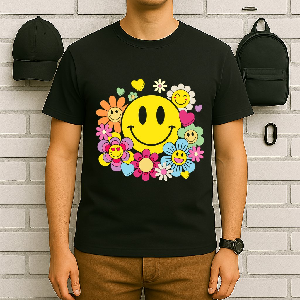 Retro Smile Face Flower Happy Face Flowers Heart Girl T-Shirt