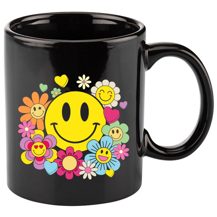 Retro Smile Face Flower Happy Face Flowers Heart Girl 11oz C Handle Ceramic Mug