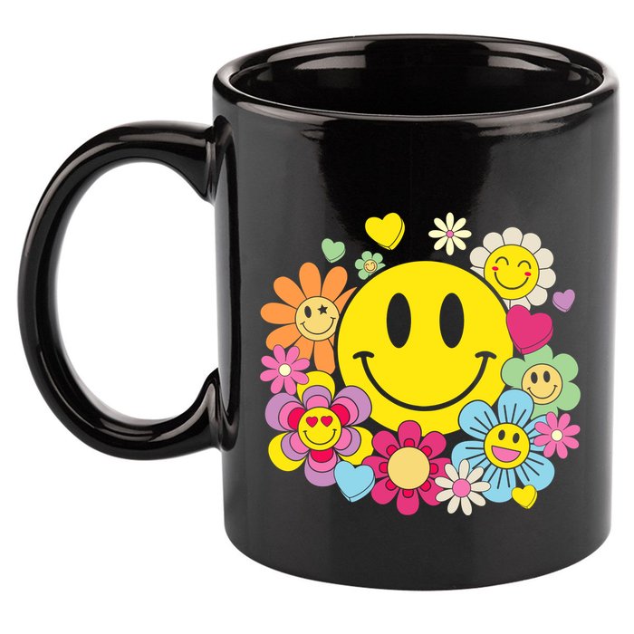 Retro Smile Face Flower Happy Face Flowers Heart Girl 11oz C Handle Ceramic Mug