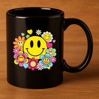 Retro Smile Face Flower Happy Face Flowers Heart Girl 11oz C Handle Ceramic Mug