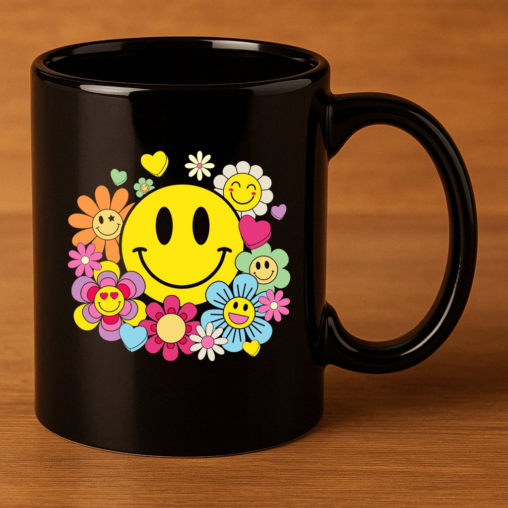 Retro Smile Face Flower Happy Face Flowers Heart Girl 11oz C Handle Ceramic Mug