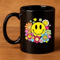 Retro Smile Face Flower Happy Face Flowers Heart Girl 11oz C Handle Ceramic Mug