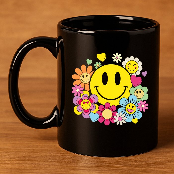 Retro Smile Face Flower Happy Face Flowers Heart Girl 11oz C Handle Ceramic Mug