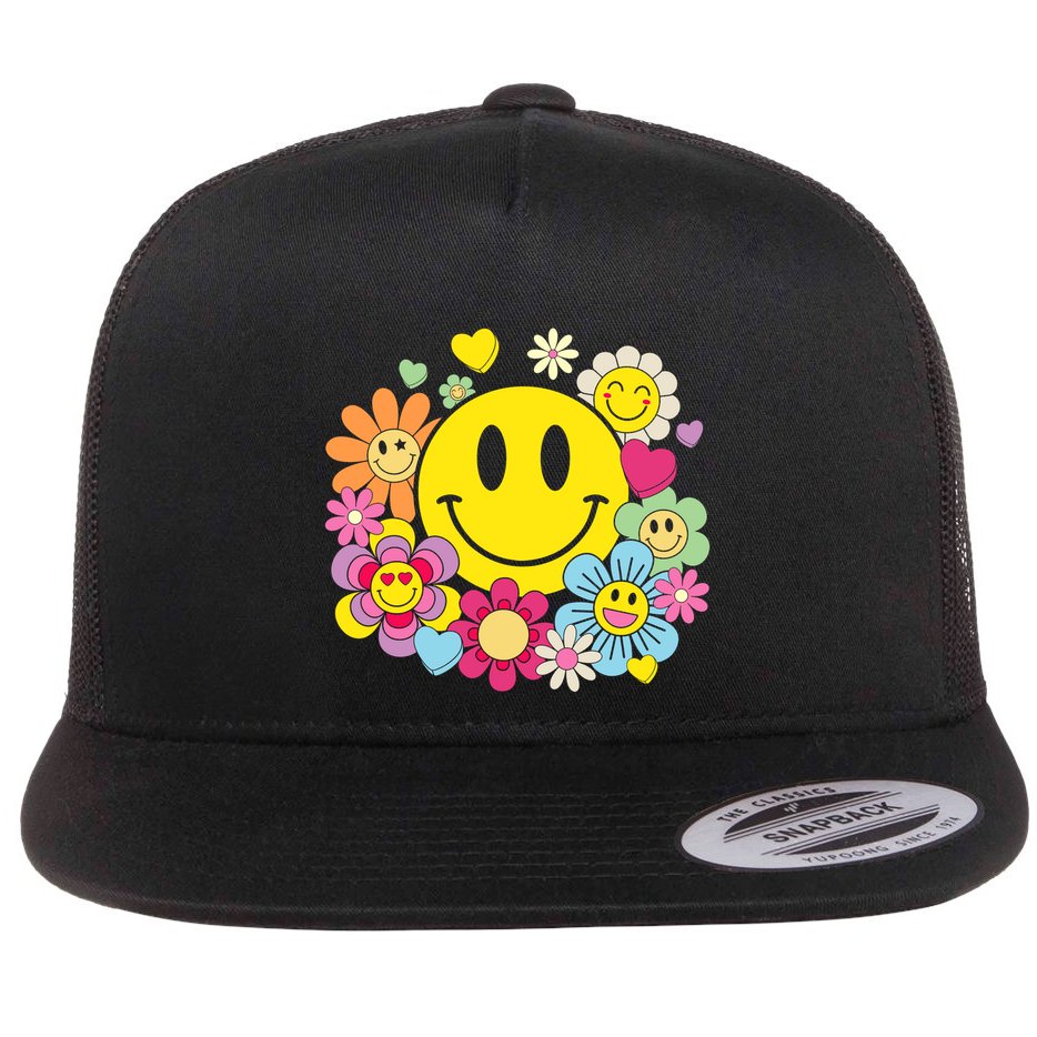 Retro Smile Face Flower Happy Face Flowers Heart Girl Flat Bill Trucker Hat