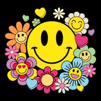Retro Smile Face Flower Happy Face Flowers Heart Girl Flat Bill Trucker Hat