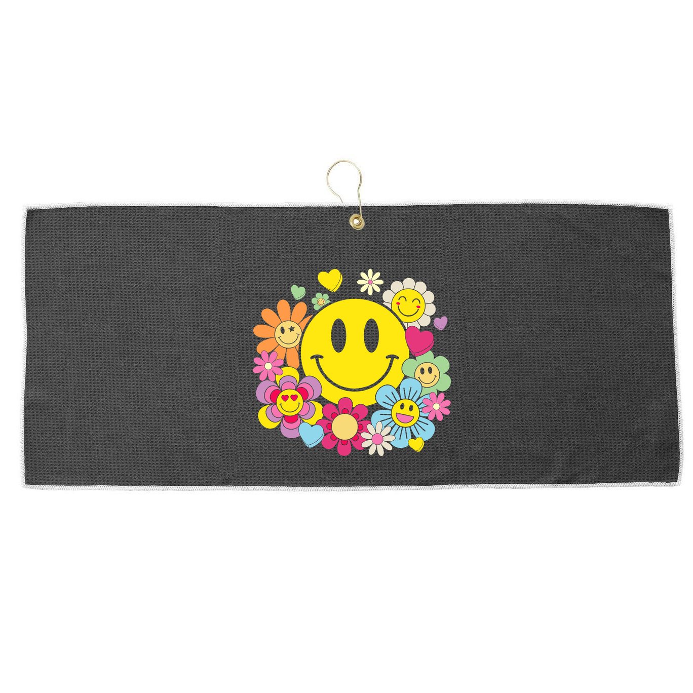 Retro Smile Face Flower Happy Face Flowers Heart Girl Large Microfiber Waffle Golf Towel