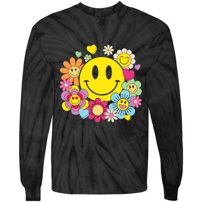 Retro Smile Face Flower Happy Face Flowers Heart Girl Tie-Dye Long Sleeve Shirt