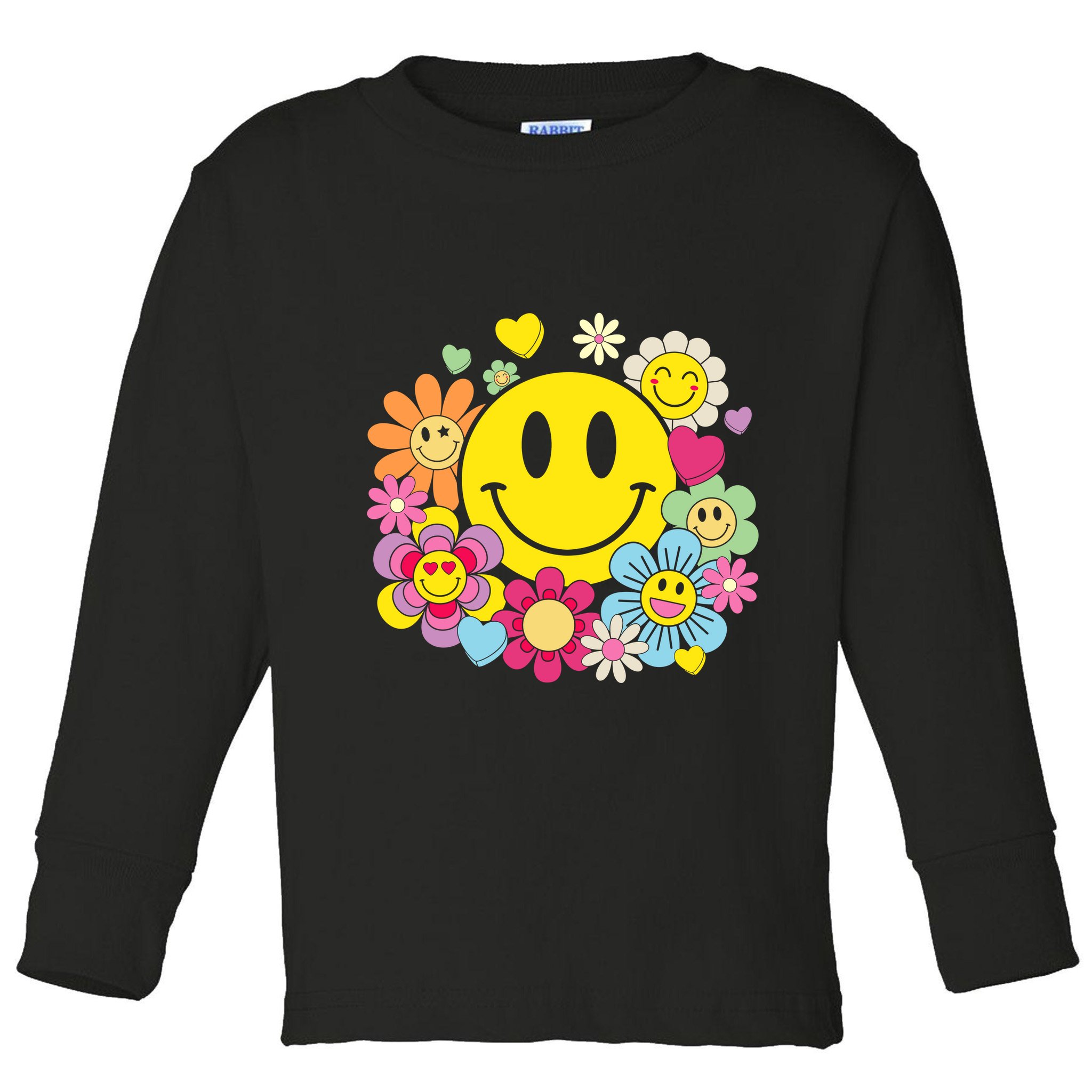 Retro Smile Face Flower Happy Face Flowers Heart Girl Toddler Long Sleeve Shirt