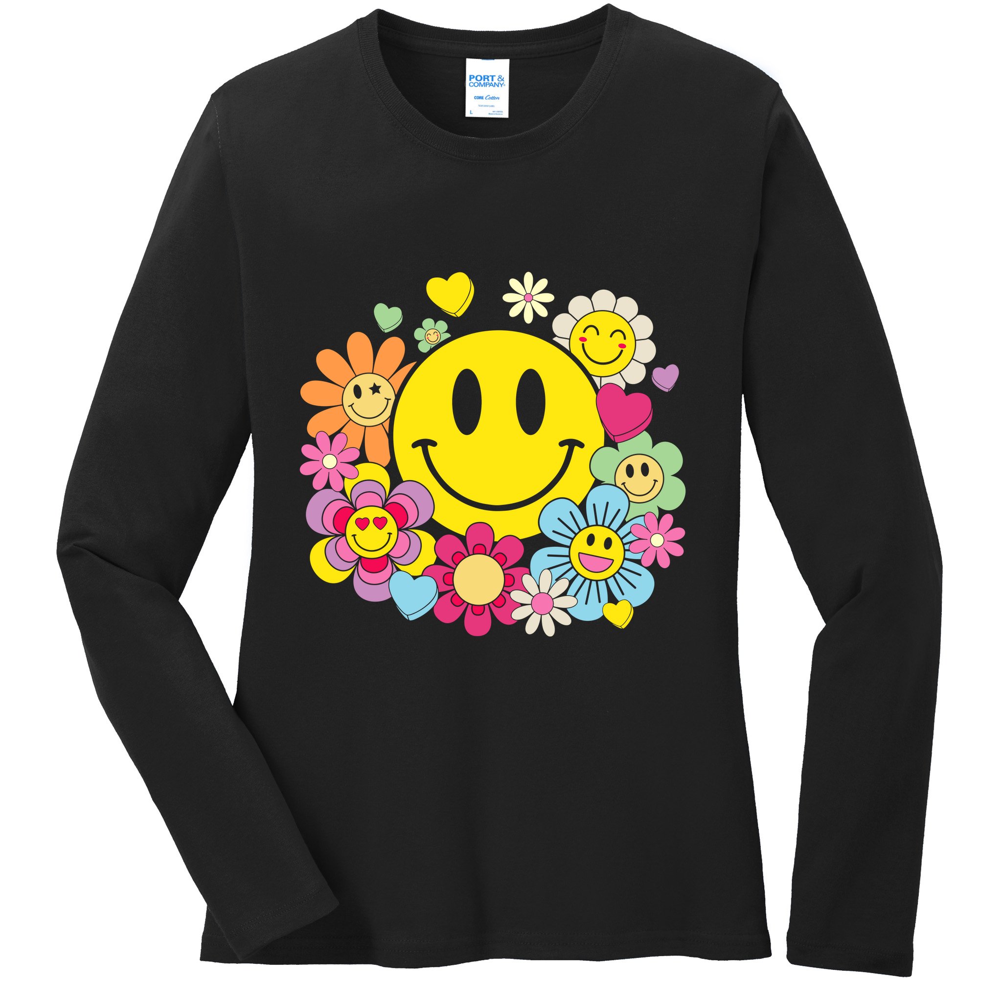 Retro Smile Face Flower Happy Face Flowers Heart Girl Ladies Long Sleeve Shirt