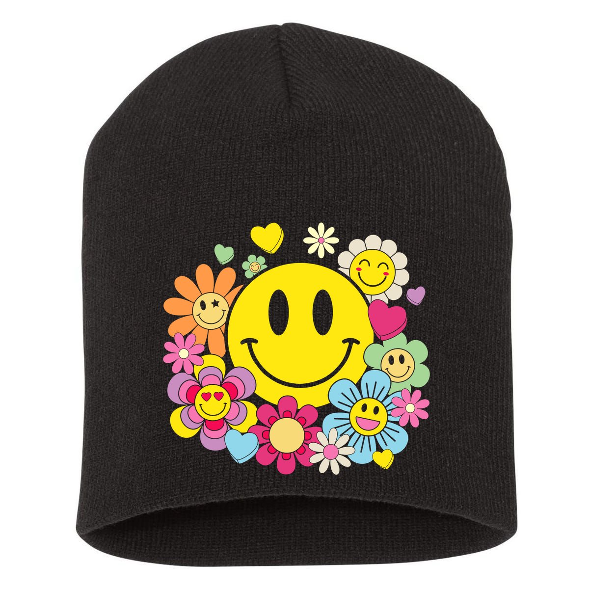 Retro Smile Face Flower Happy Face Flowers Heart Girl Short Acrylic Beanie