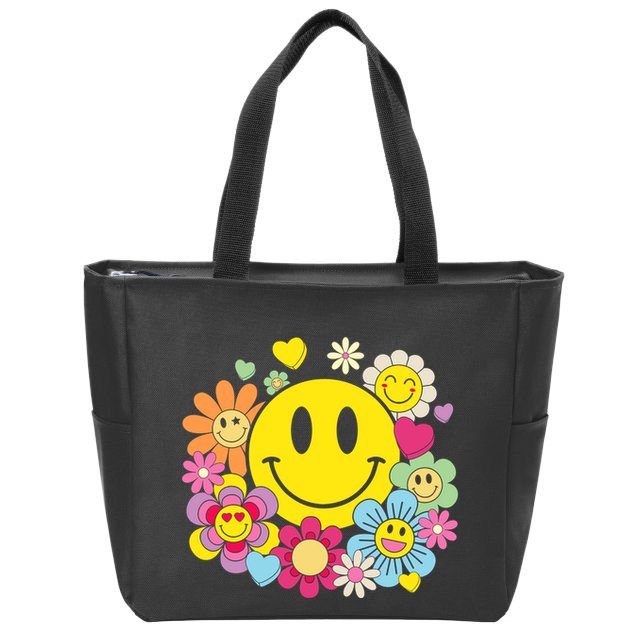Retro Smile Face Flower Happy Face Flowers Heart Girl Zip Tote Bag